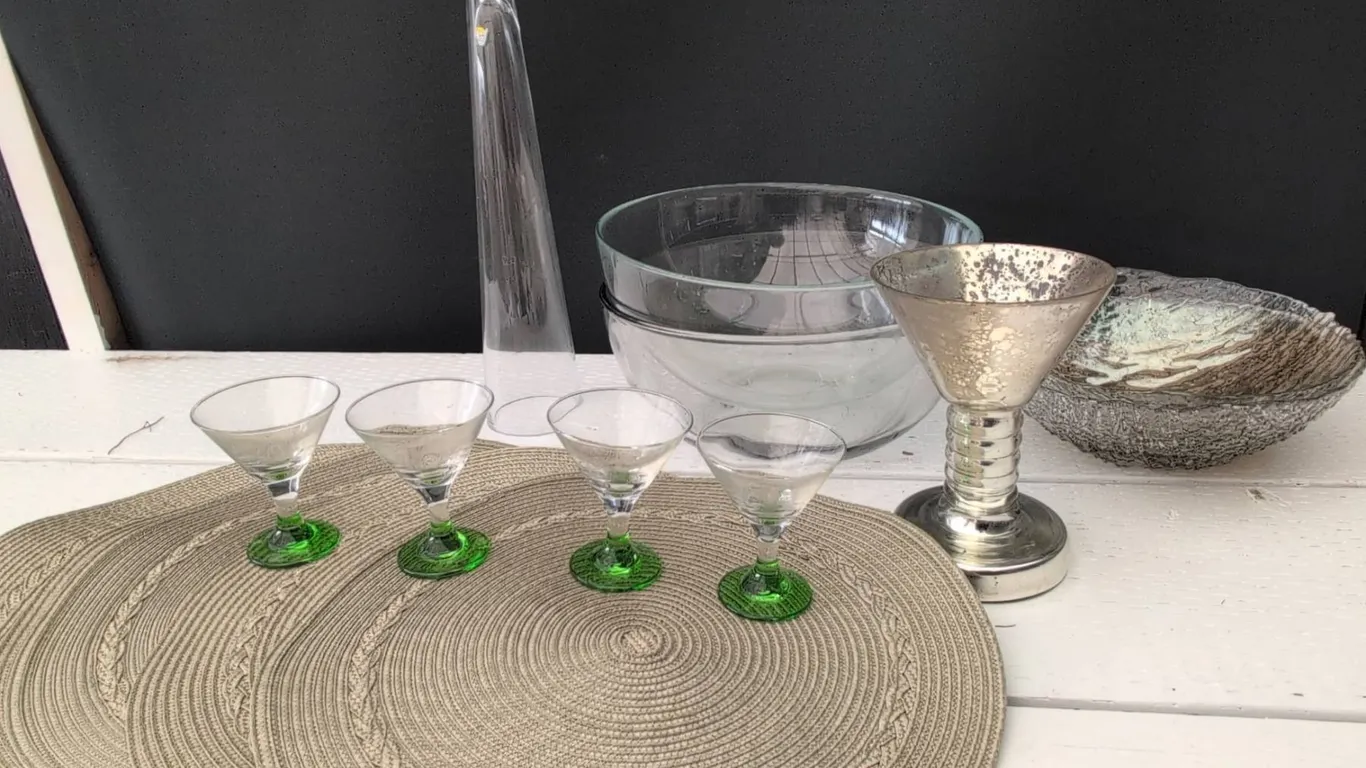 Tableware Lot: Green Base Glasses, Bowls, Silver Toned Cup