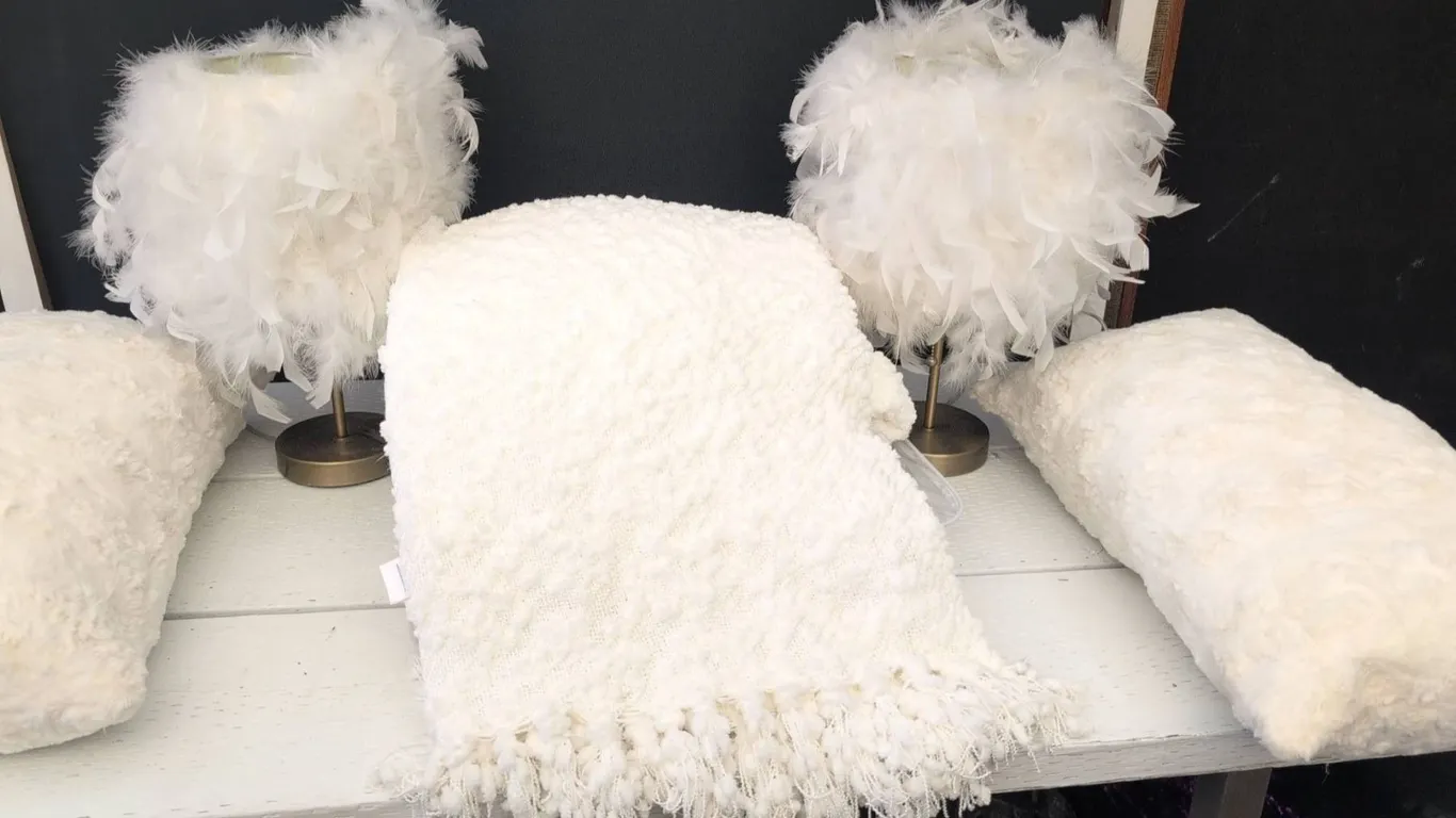 White Feather Lamps, Throw Blanket, Decorative Pillows, Towels, More