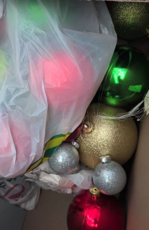 Christmas Ornaments, Two PartyLite Candle Holders, and Picture Frame