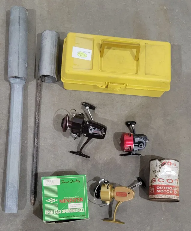 Fishing Reels (x3), Tackle Box, Rod Holders, Scott-McCulloch Oil Tin