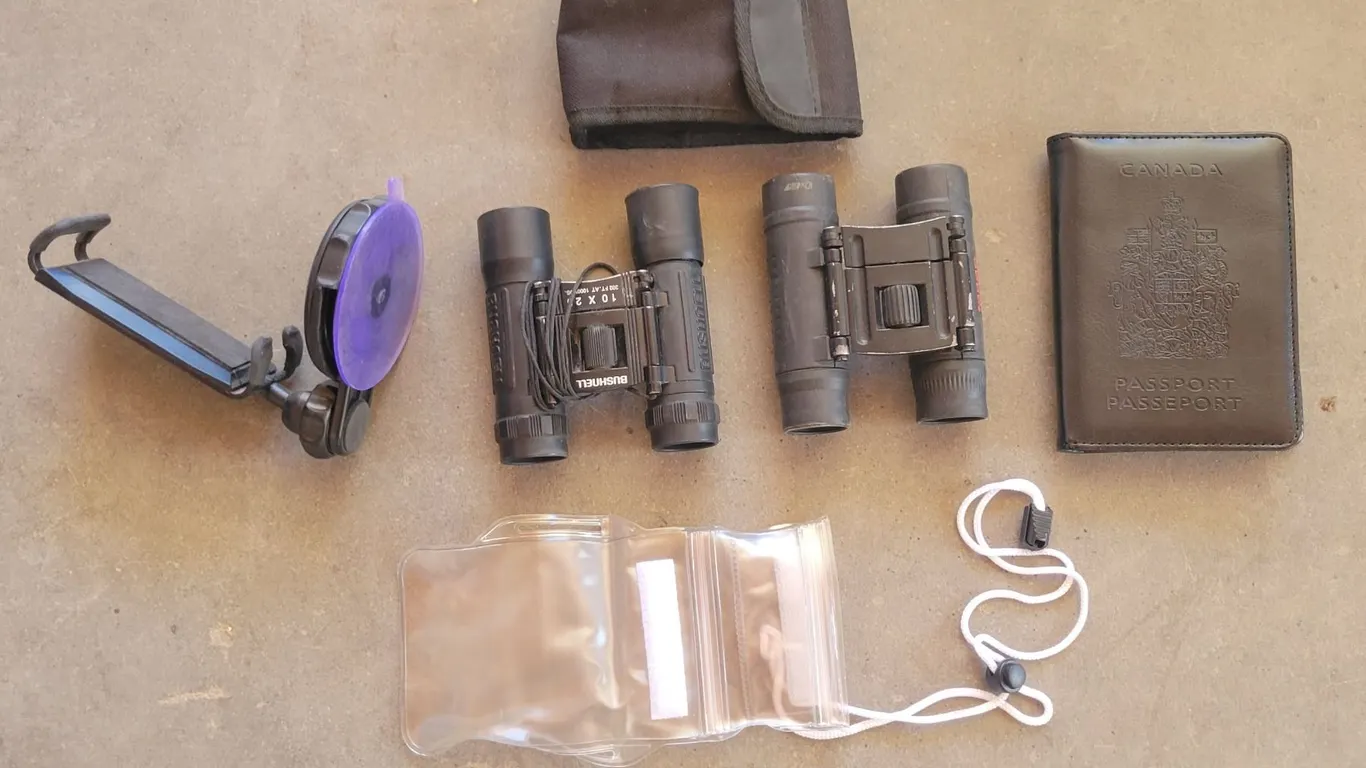 (2) Binoculars, Passport Wallet, Waterproof Pouch, Mobile Phone Mount