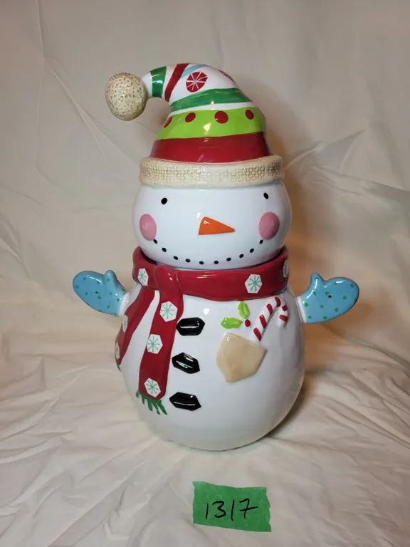 PIER 1 ceramic snowman cookie jar + lid