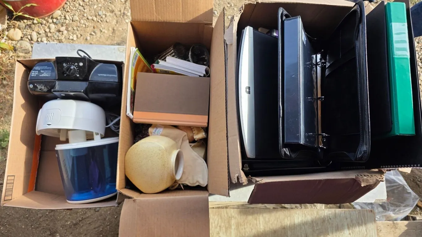 3 boxes of misc items- electronics- moniter