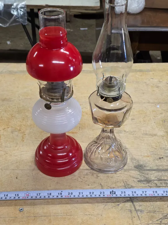 2 vintage oil lamps- with chimneys