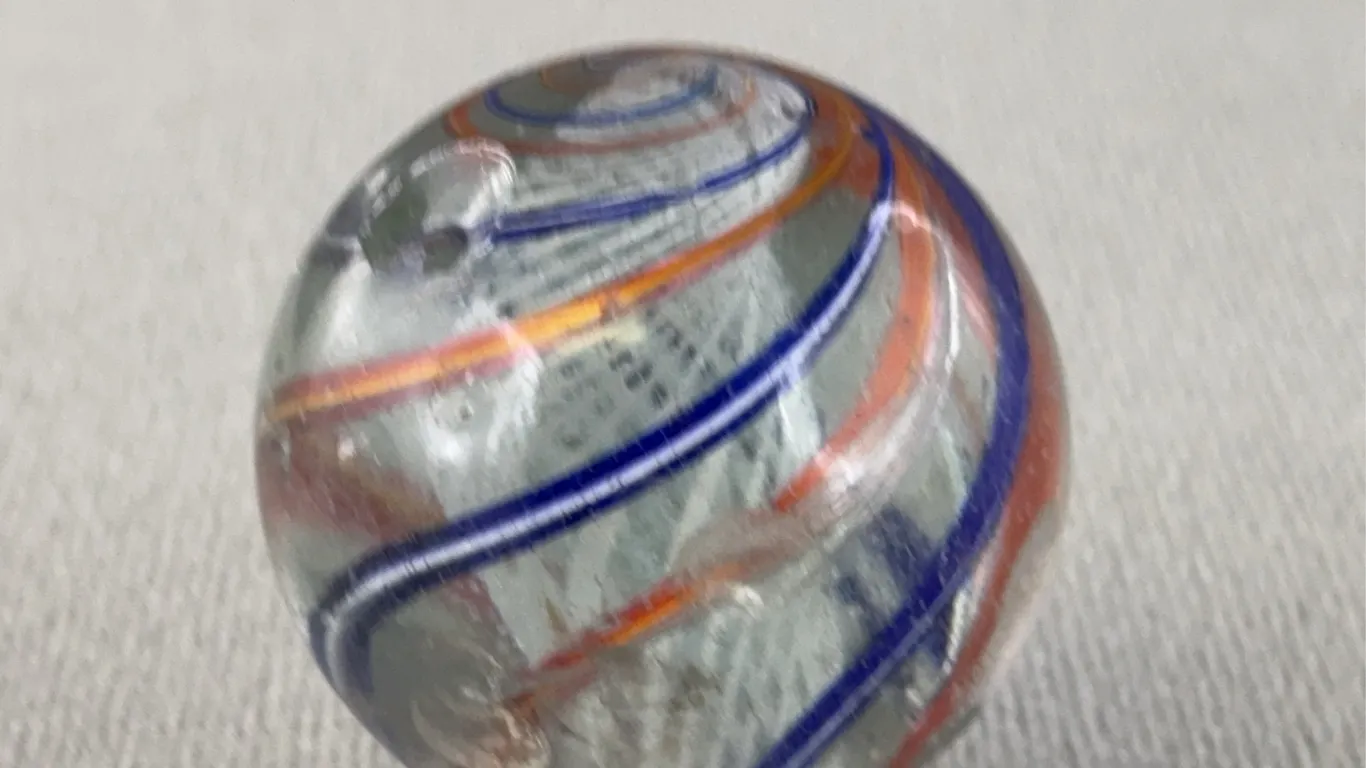Red, White & Blue Swirl Marble W/Latticinio Core, Appr. 2” D
