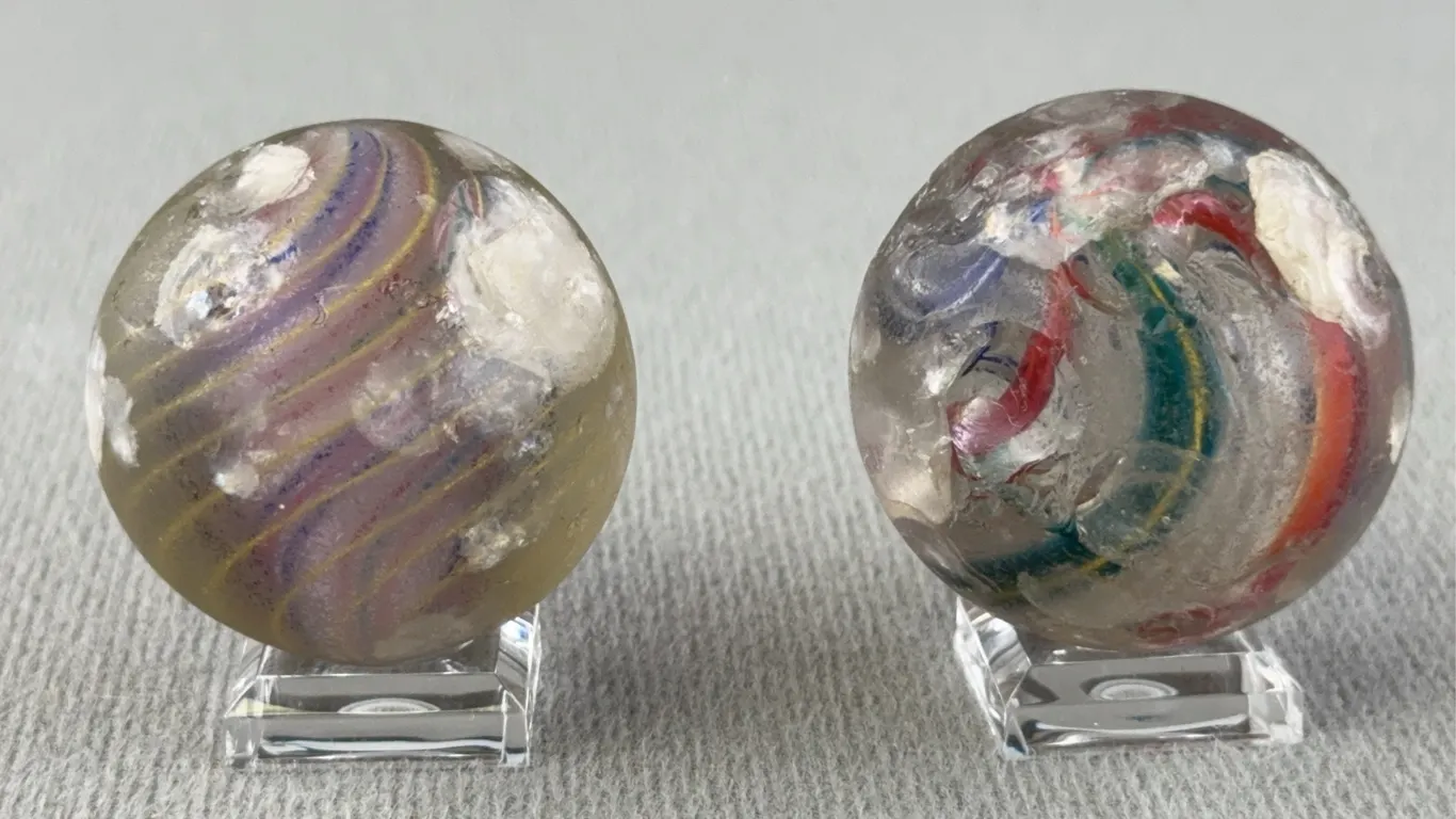 2 Swirl Glass Marbles W/ Solid & Latticinio Core, Appr 1 1/2” D