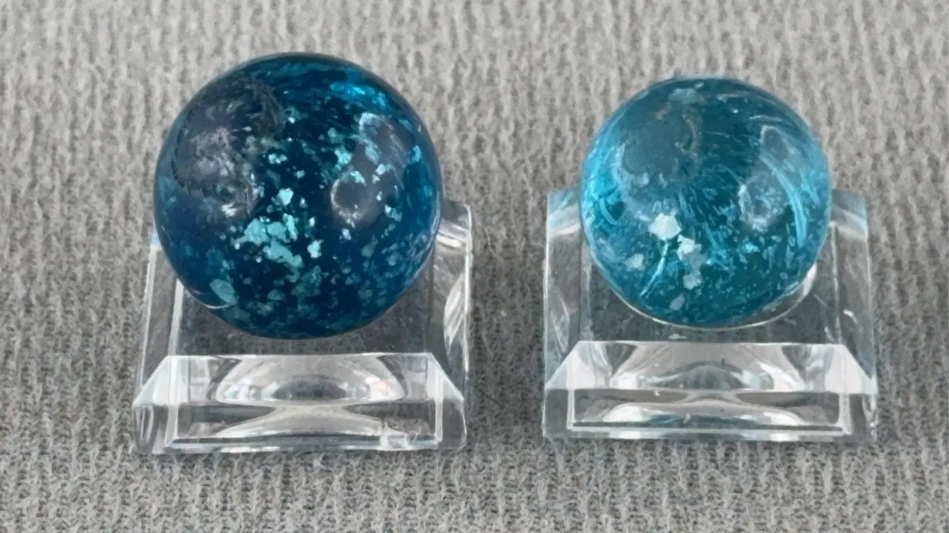 2 Blue Glass Marbles W/ Mica, Appr. 3/4” & 1/2” D