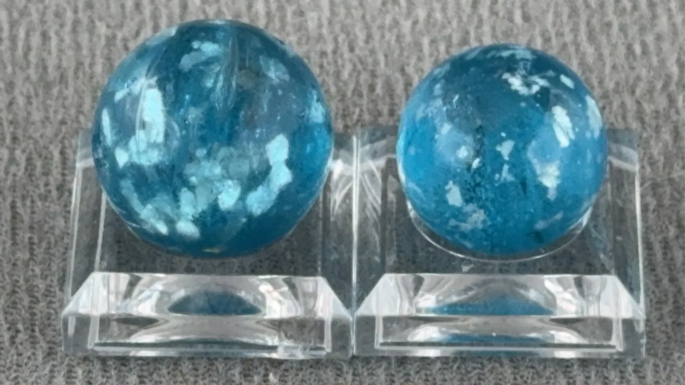 2 Blue Marbles W/ Mica, Appr. 1/2” D