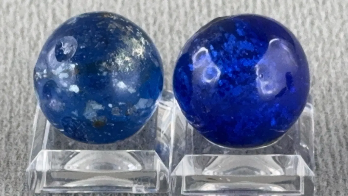 2 Blue Marbles W/ Mica, Appr. 1/2” D