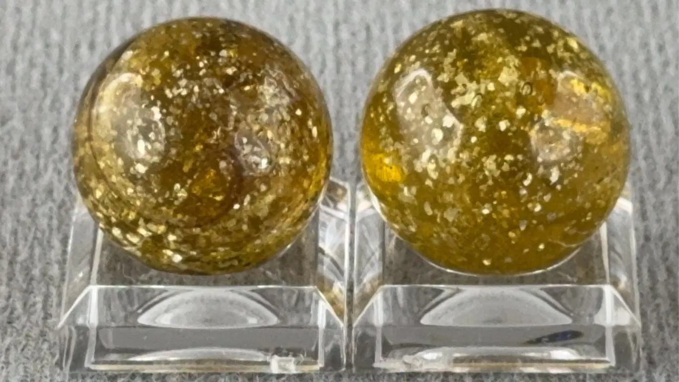 2 Yellow Marbles W/ Mica, Appr. 3/4” D