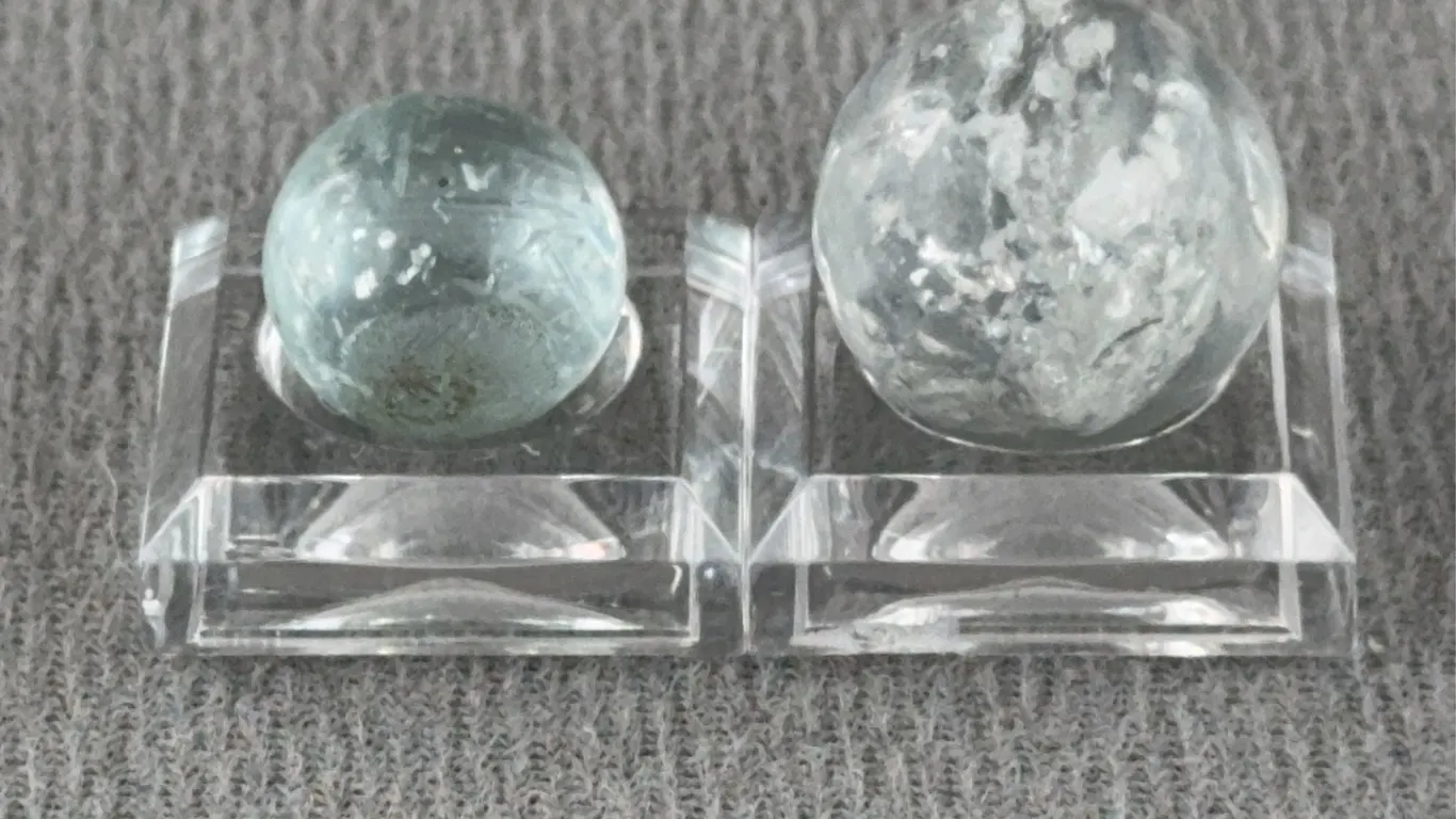 2 Clear Marbles W/ Mica, Appr. 1/2 & 1/4” D