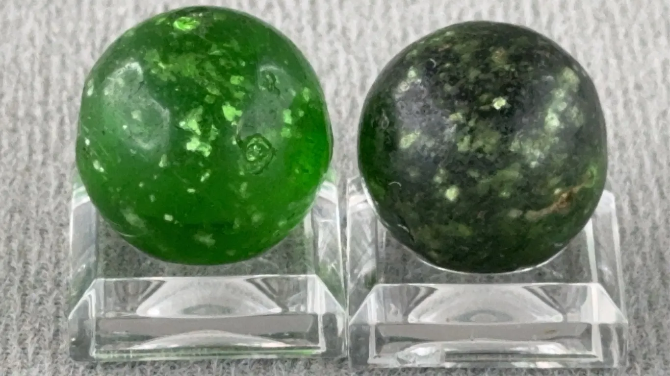 2 Green Marbles W/ Mica, Appr. 3/4” D