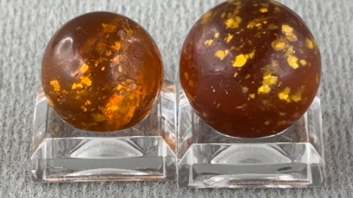 2 Orange Marbles W/ Mica, Appr. 3/4” D