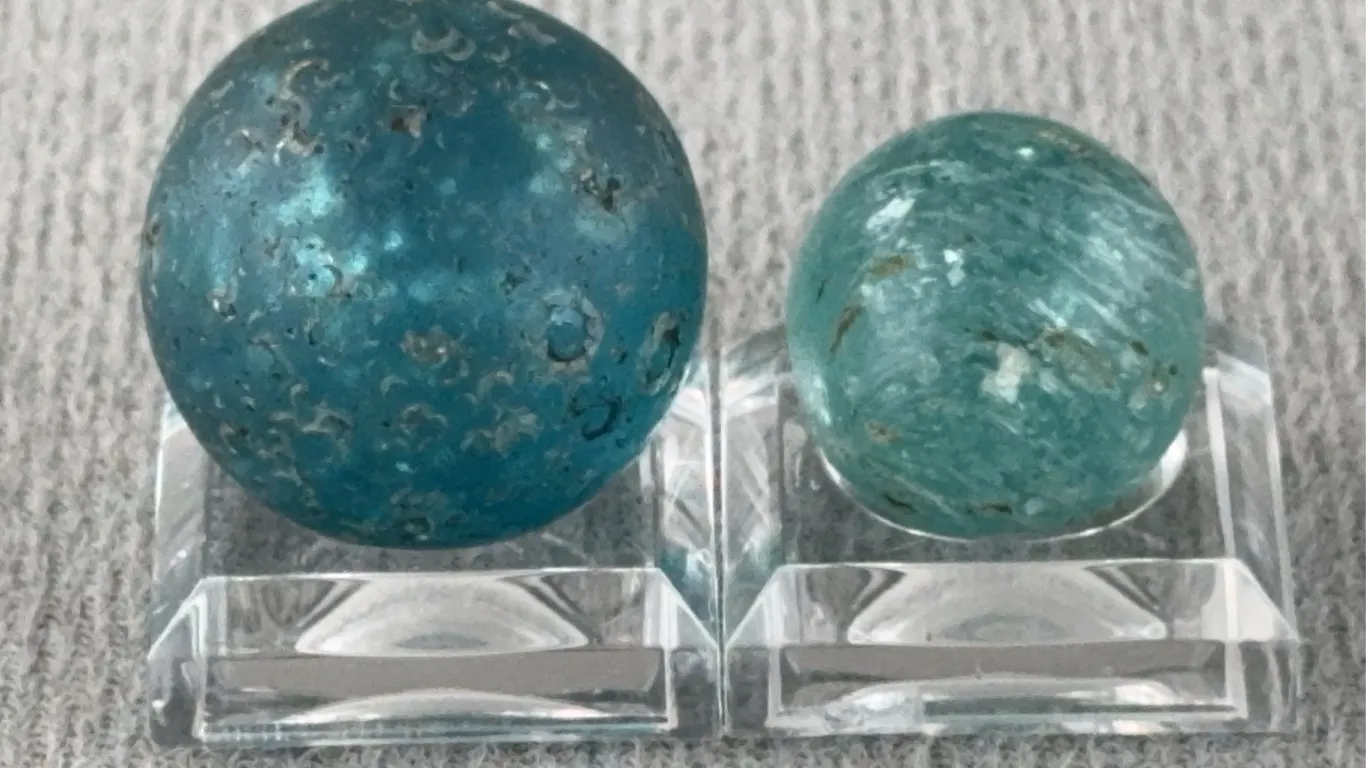 2 Blue Marbles W/ Mica, Appr. 1/2” & 3/4” D