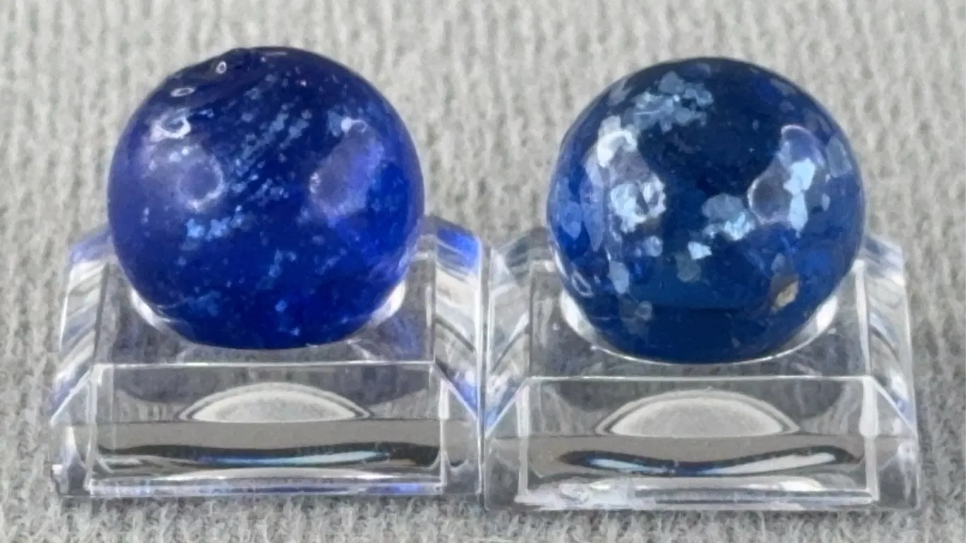 2 Blue Marbles W/ Mica, Appr. 1/2” D