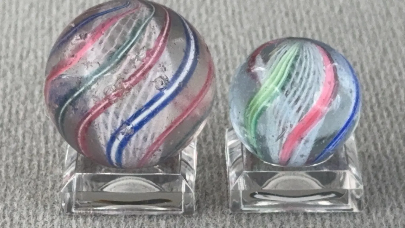 2 Swirl Glass Marbles W/ Latticinio Core, Appr. 3/4” & 1” D