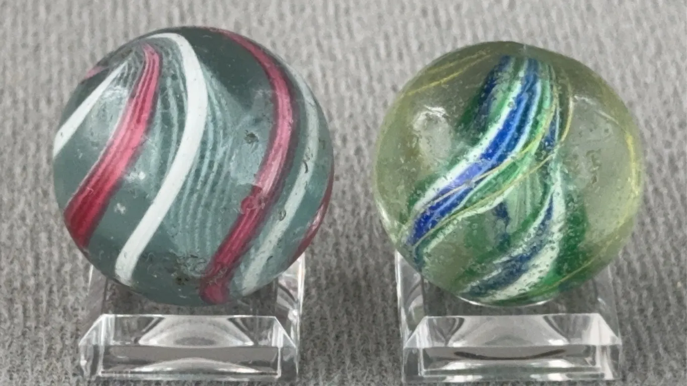 2 Swirl Glass Marbles W/ Latticinio & Divided Core, Appr. 1” D
