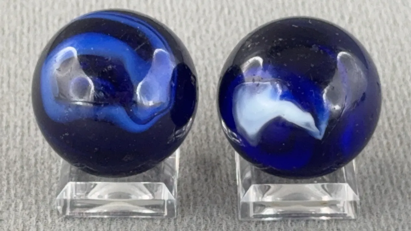 2 Blue Glass Marbles W/ White Swirls, Appr. 1” D