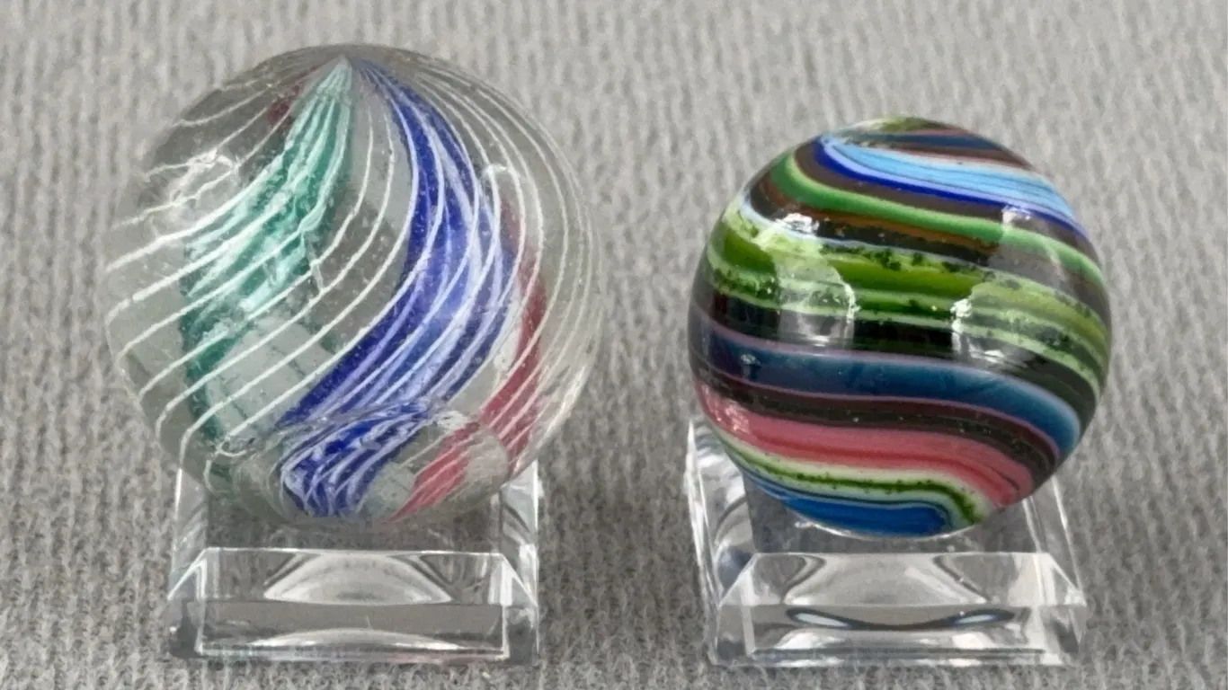 2 Swirl Glass Marbles, 1-W/ Divided Core, Appr. 1” D