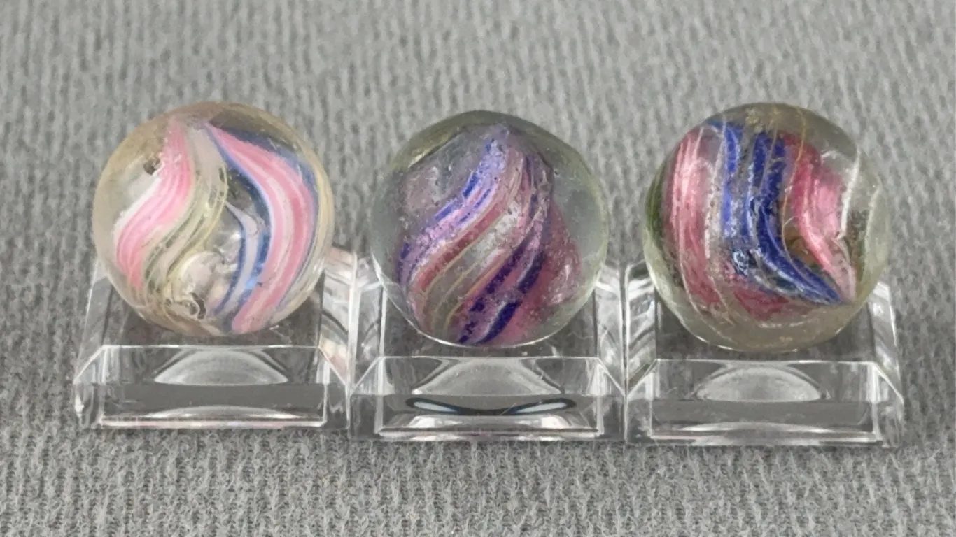 3 Swirl Glass Marbles W/ Divided Ribbon Core, Appr. 3/4” D