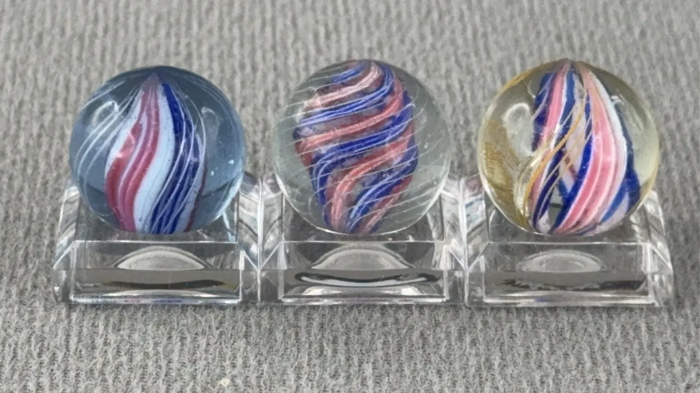 3 Swirl Glass Marbles, 2-W/ Divided Ribbon & 1-W/ Solid Core, Appr. 3/4” D
