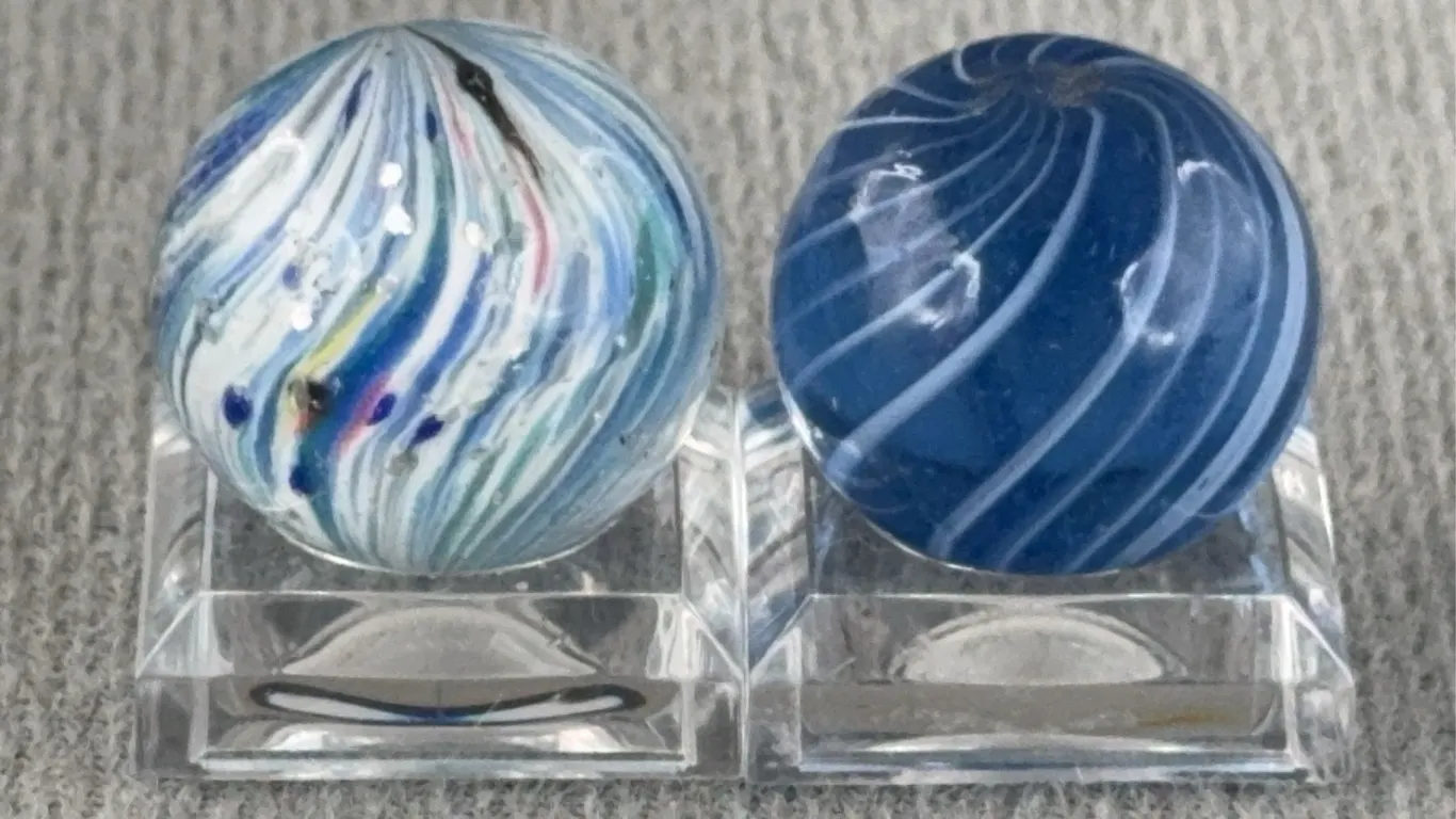 2 Swirl Glass Marbles, 1-W/ Mica, Appr. 3/4” D