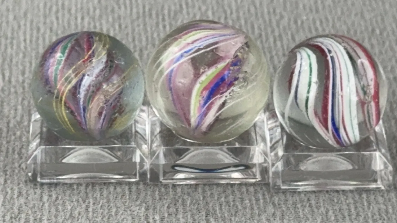 3 Swirl Glass Marbles W/ Divided Ribbon Swirl, Appr. 3/4” D