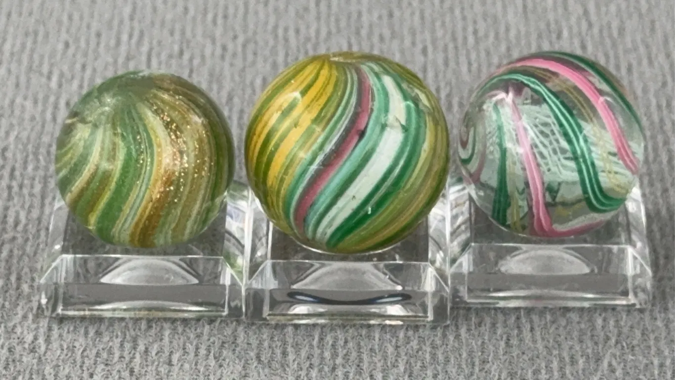 3 Swirl Glass Marbles, 1 W/ Latticinio Core & 1 W/ Lutz, Appr. 3/4” D