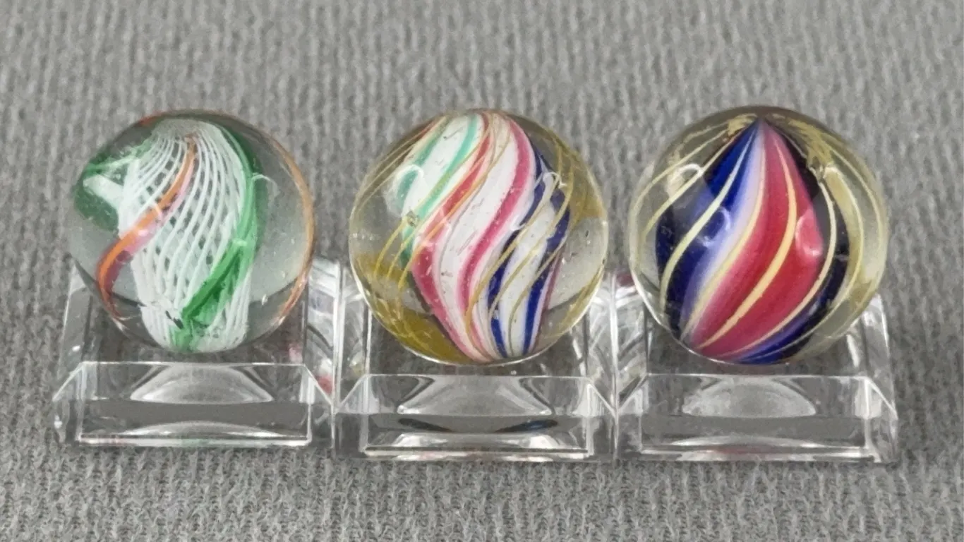 3 Swirl Glass Marbles, 2-W/ Solid & 1-W/ Latticinio Core, Appr. 3/4” D
