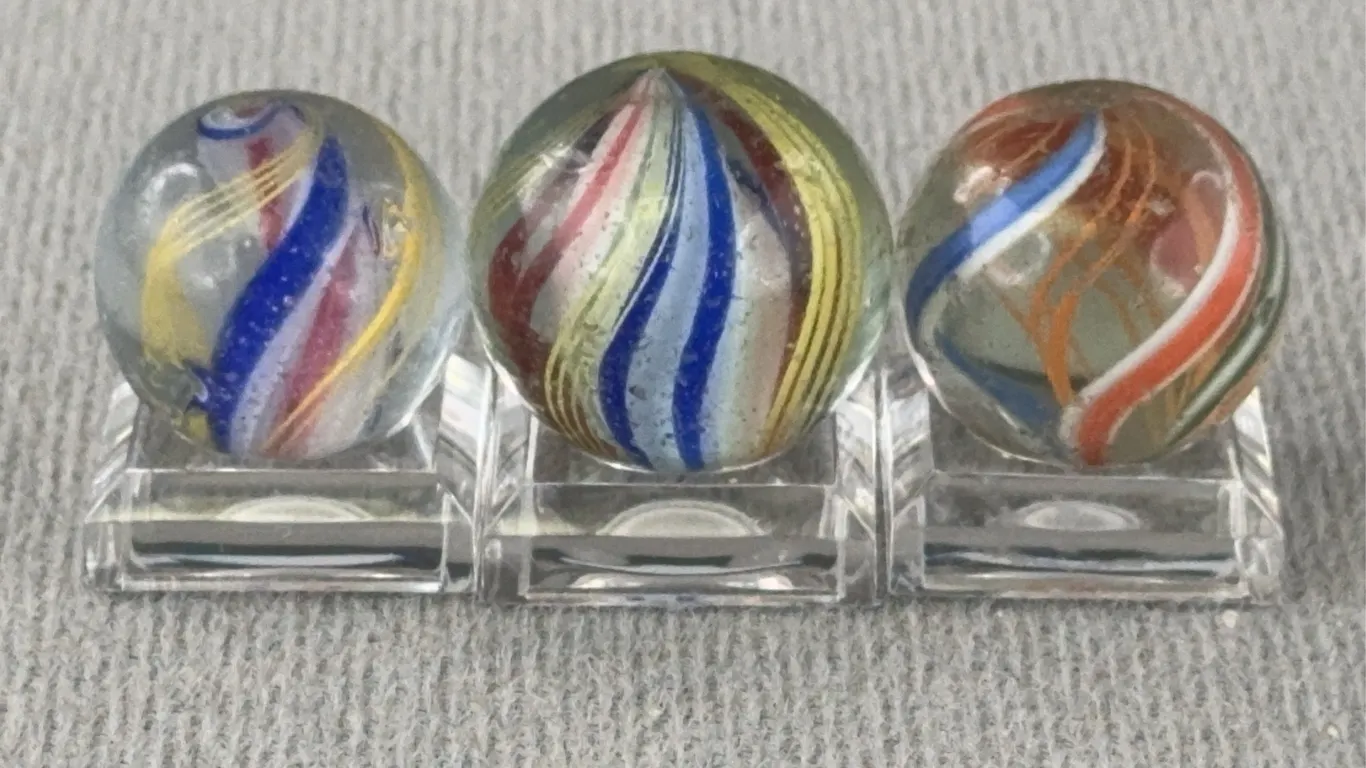 3 Swirl Glass Marbles, 2-W/ Solid & 1 W/ Divided Core, Appr. 3/4” D