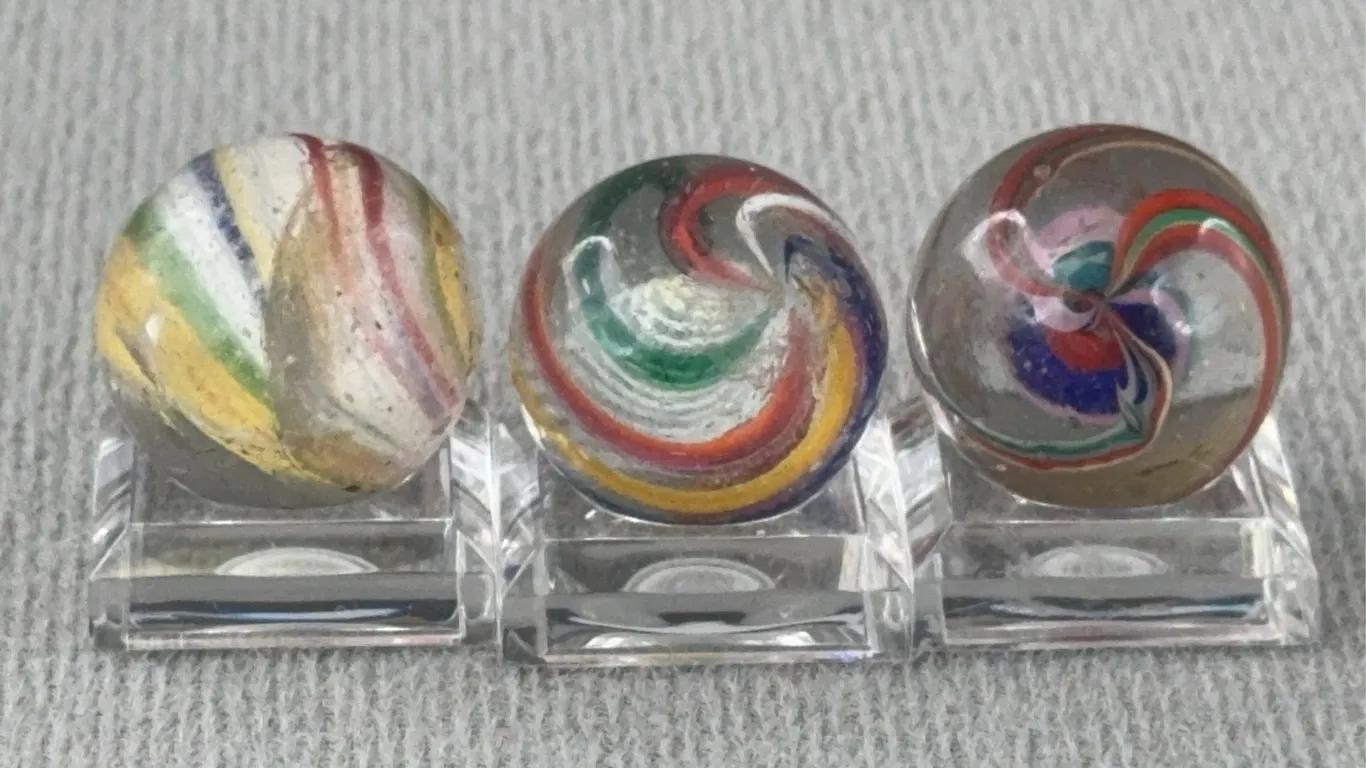 3 Swirl Glass Marbles, 2-W/ Solid & 1-W/ Latticinio Core, Appr. 3/4” D