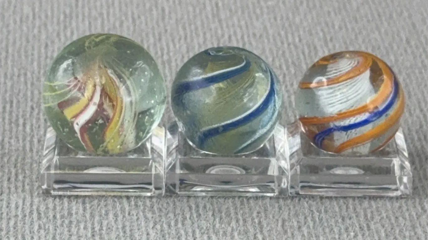 3 Swirl Glass Marbles, 2-W/ Latticinio & 1-W/ Divided Core, Appr. 3/4” D