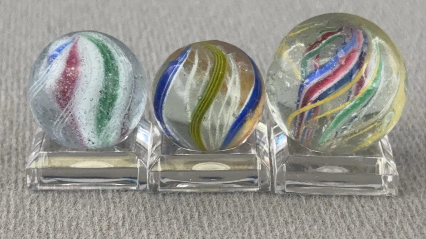 3 Swirl Glass Marbles, 1-W/ Solid, 1-W/ Latticinio & 1-W/ Divided Core, Appr. 3/4” D