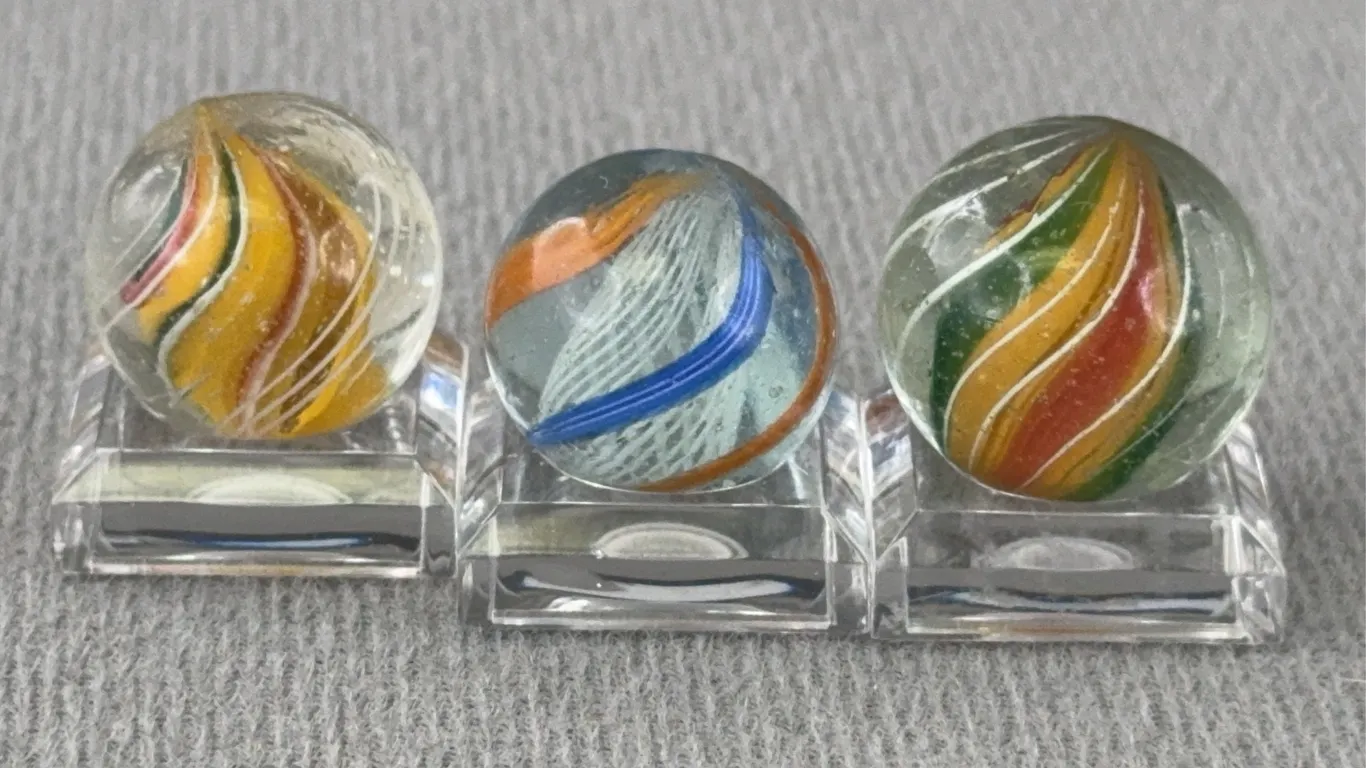 3 Swirl Glass Marbles, 2-W/ Solid & 1-W/ Latticinio Core, Appr. 3/4” D