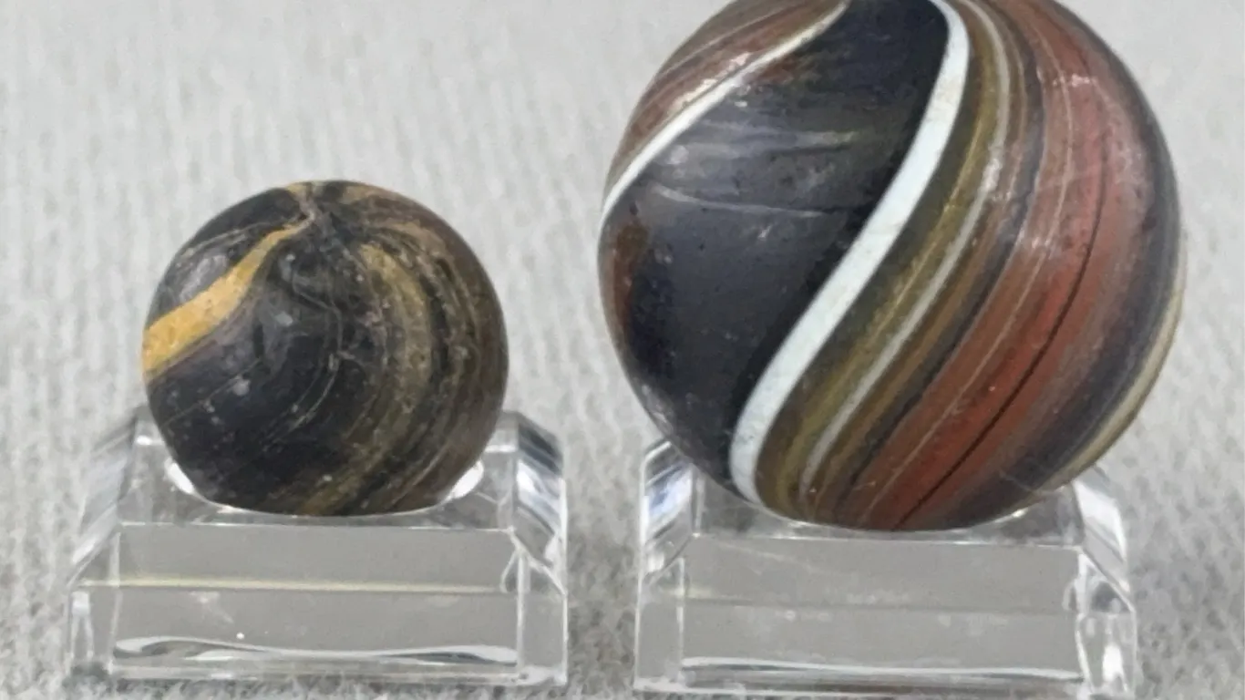 2 Indian Swirl Glass Marbles, Appr. 1/2” & 1” D
