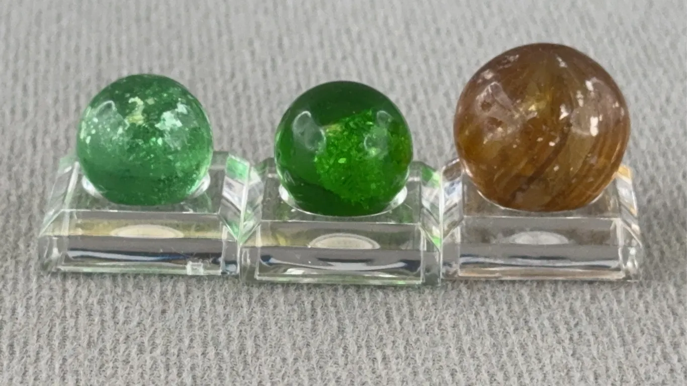 2-Green & 1-Yellow Glass Marbles W/ Mica, Appr. 1/2” D