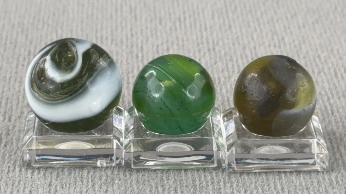 3 Green Glass Marbles W/ Swirl, Appr. 3/4” D
