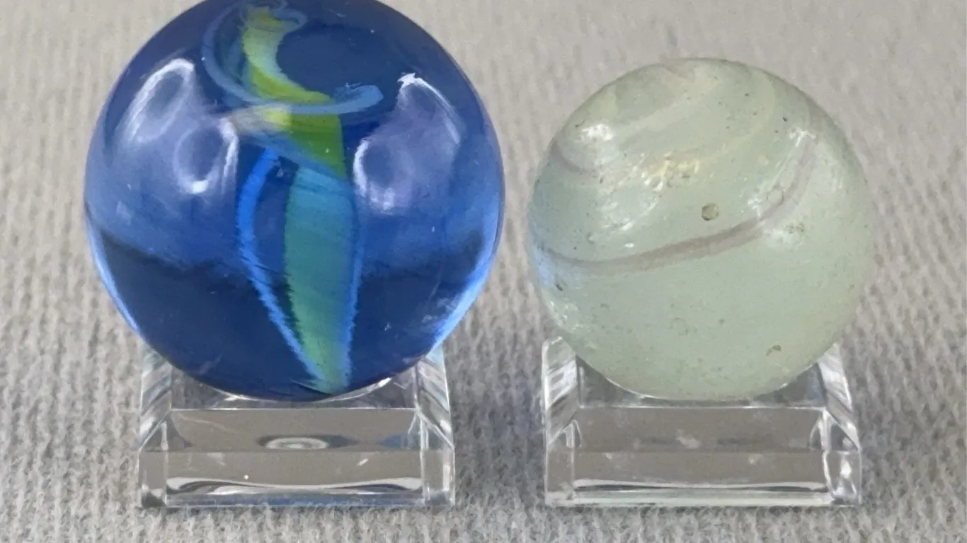 Blue & Green Glass Marbles W/ Swirl, Appr. 1” & 7/8” D
