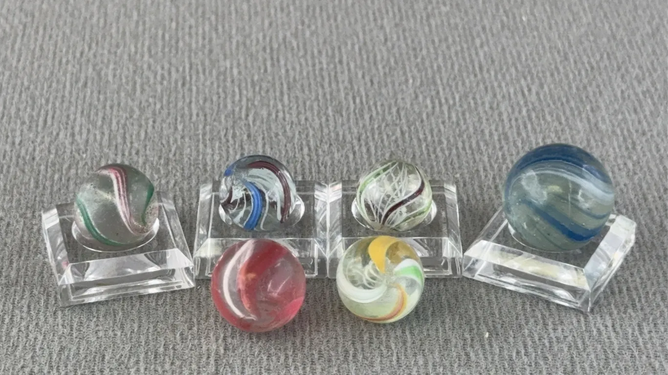 6 Swirl Glass Marbles, Appr. 1/2-3/4” D