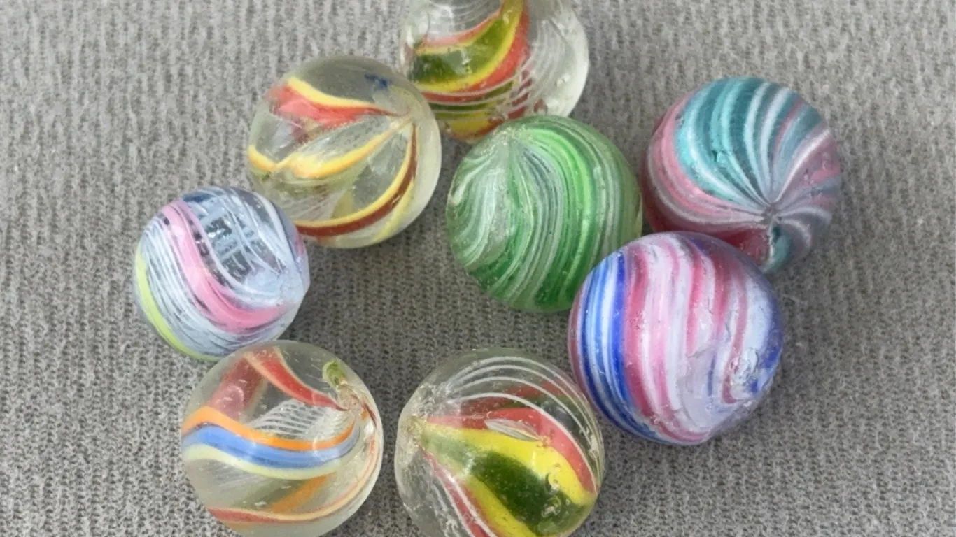 5 Swirl & 3 Onionskin Glass Marbles, Appr. 1/2”D
