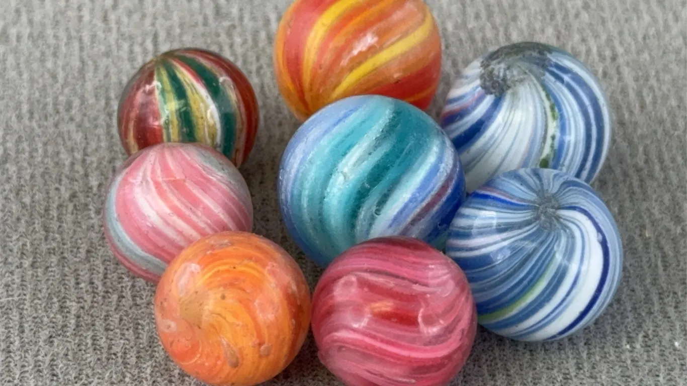 8 Onionskin Glass Marbles, Appr. 1/2”D