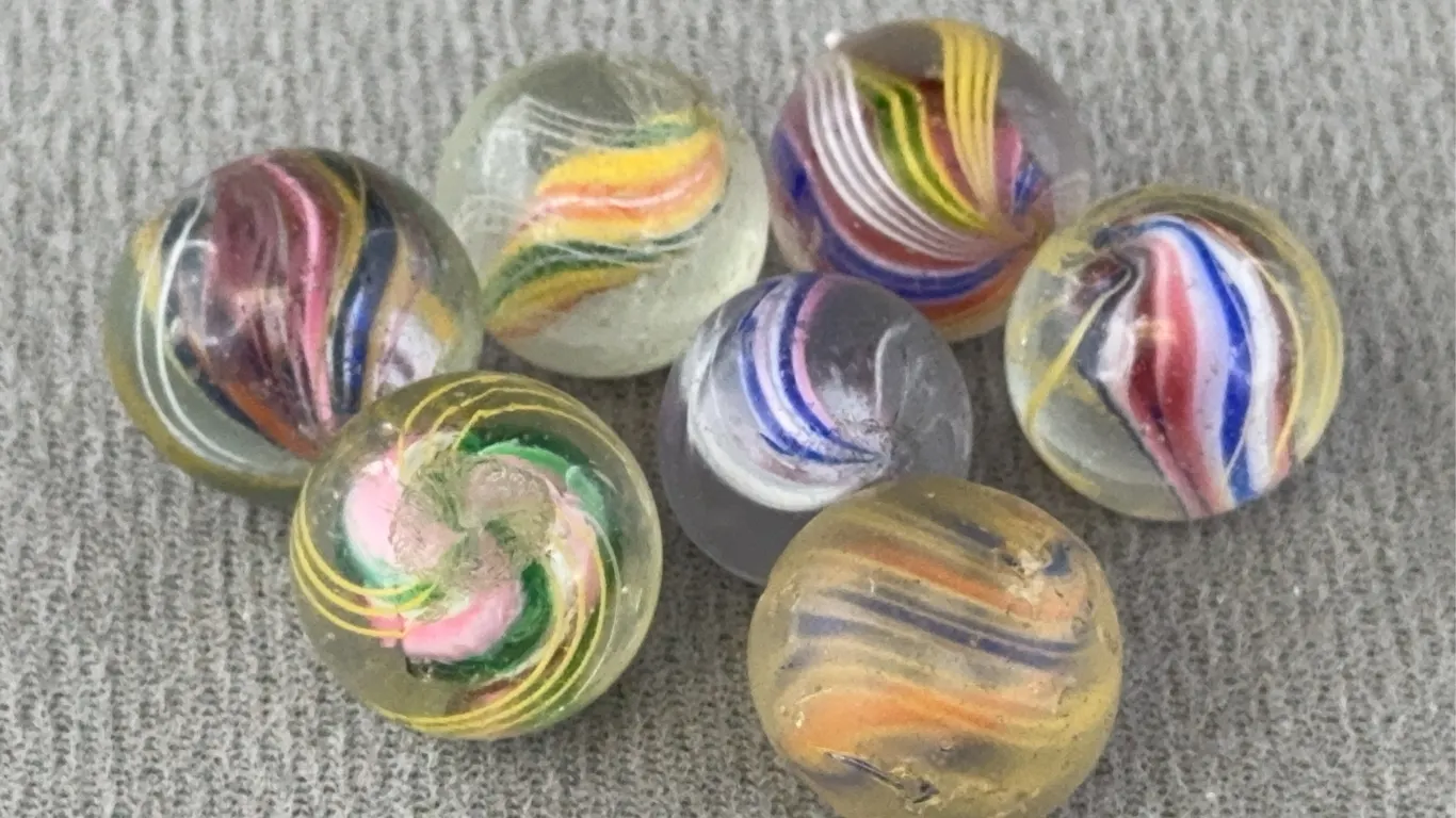 7 Swirl Glass Marbles, Appr. 1/2”D