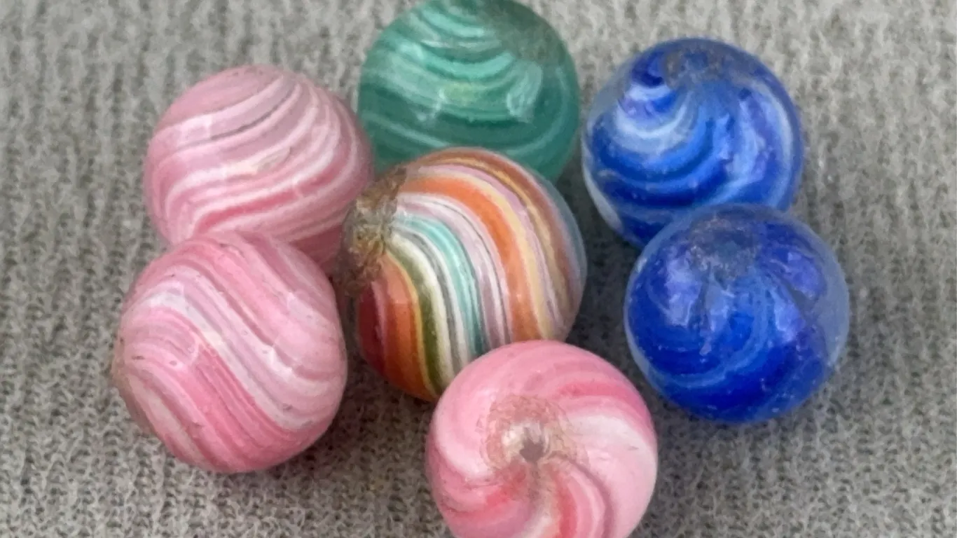 7 Onionskin Glass Marbles, Appr. 1/3” D