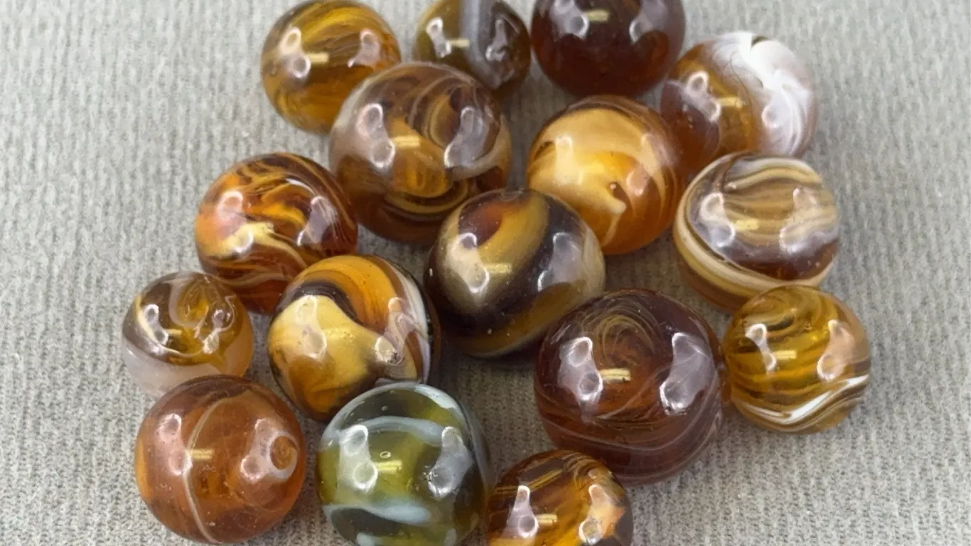 16 Brown Marbles W/ Swirls, Appr. 1/3-3/4” D