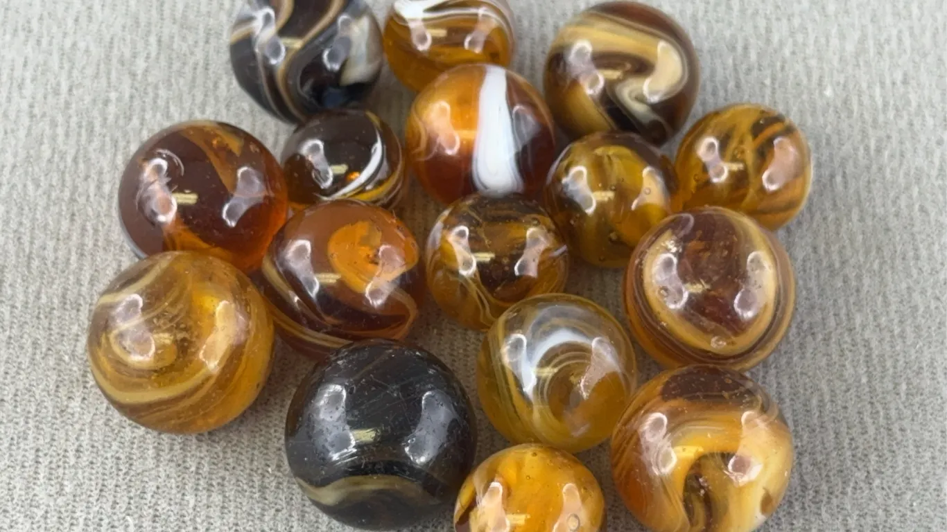 16 Brown Marbles W/ Swirls, Appr. 1/3-3/4” D