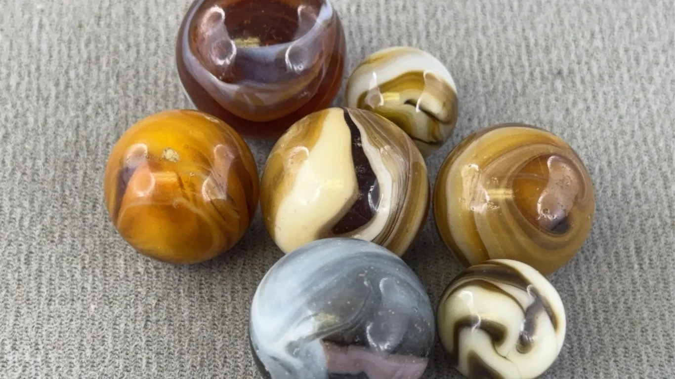 6 Brown Glass Marbles W/ Swirls, Appr. 1/2-3/4” D