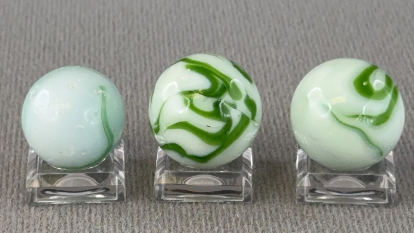 3 Green Glass Marbles W/ Swirls, Appr. 3/4” D