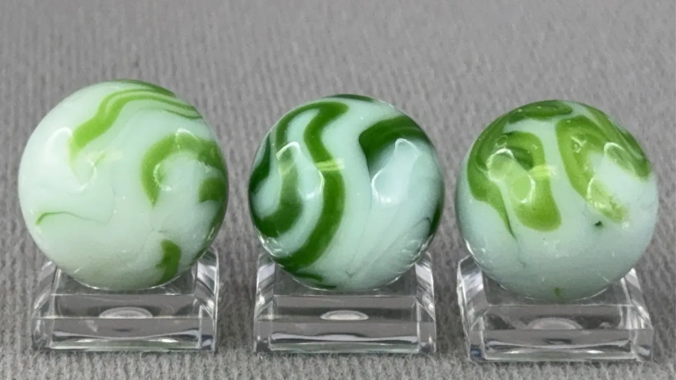 3 Green Glass Marbles W/ Swirls, Appr. 3/4” D