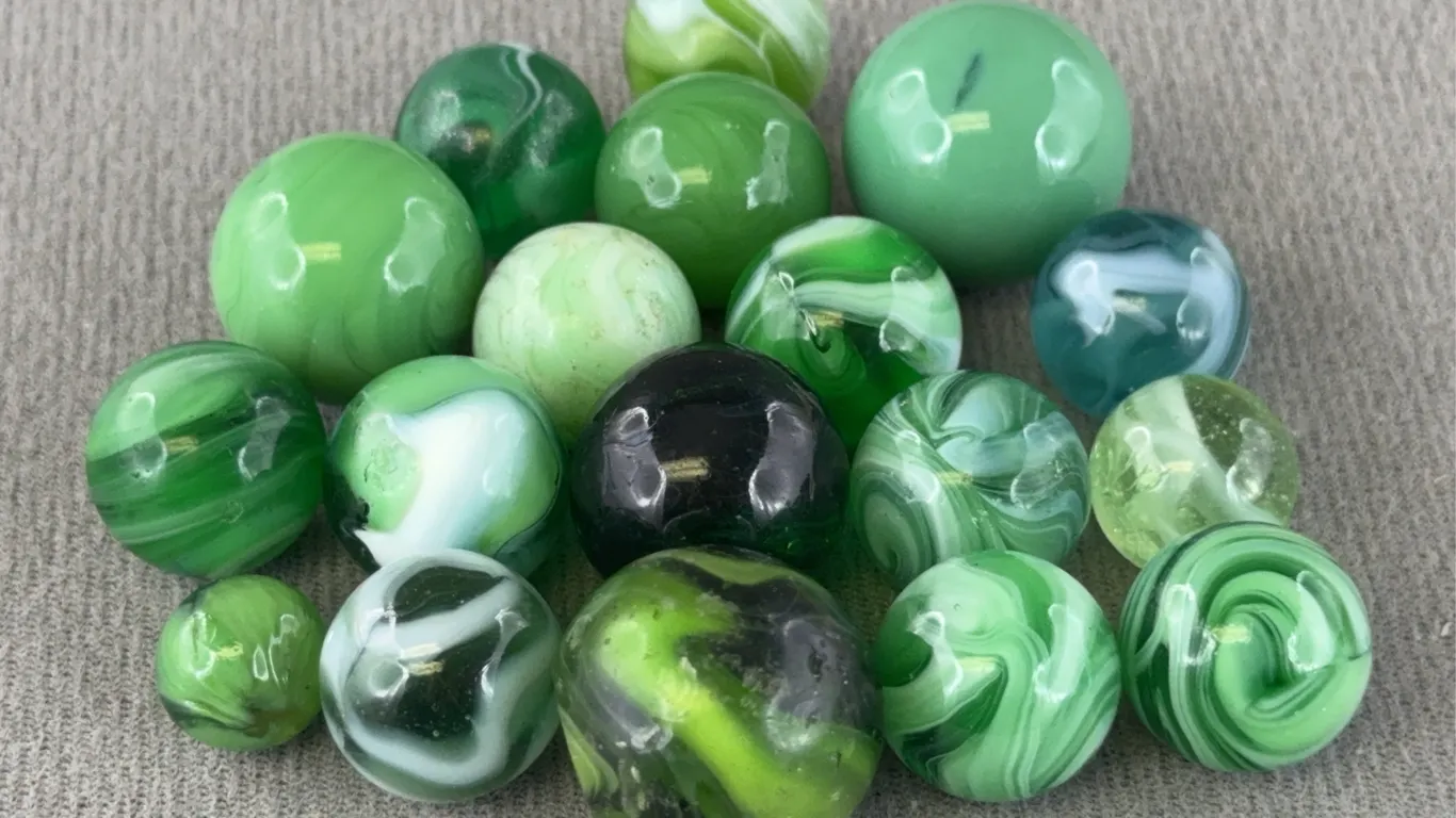 19 Green Glass Marbles W/ Swirls, Appr. 3/4” D