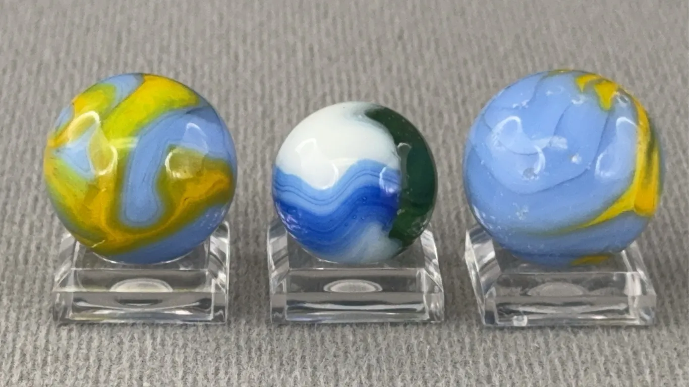 3 Glass Marbles W/ Swirls, Appr. 3/4” D